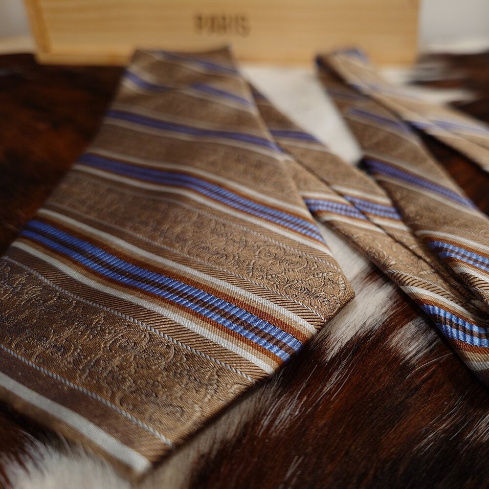 Guy Laroche Brown and Blue Striped Silk Tie